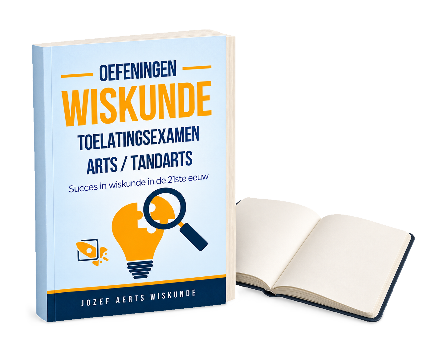 Wiskunde-oefenboek voor het toelatingsexamen arts en tandarts van Jozef Aerts, naast een blanco notitieblok